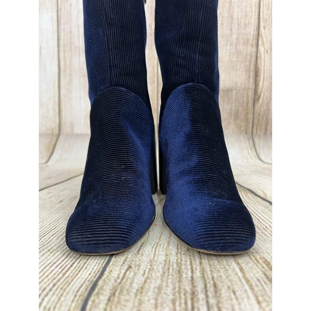H By Halston Kandi Navy Blue Velvet Corduroy 7.5M Mid Calf Block Heel Y2K‎